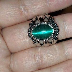 Vintage Looking Green Stone Silver Ring With adjustable Band